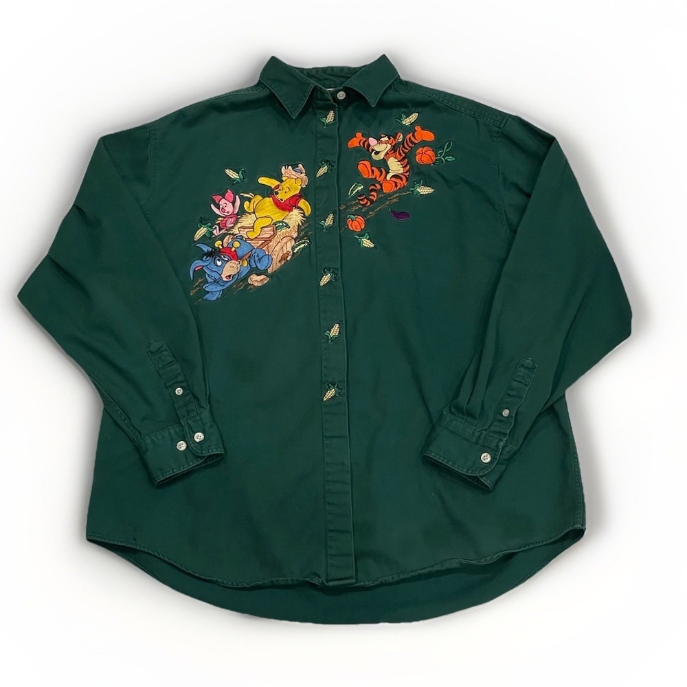 Disney Store Farmer Pooh Tigger Harvest Fall Shirt Sz L Green Cotton Embroidered